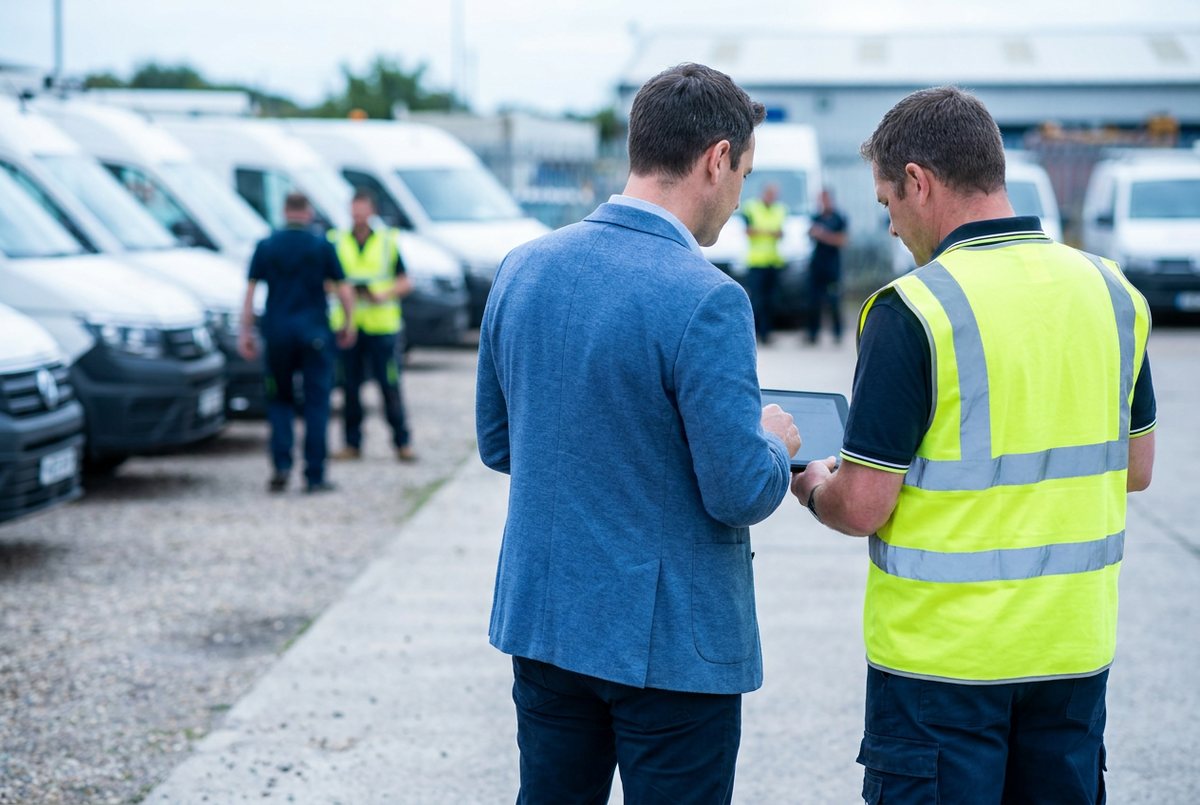Consultant and field-service manager reviewing a plan at a service depot