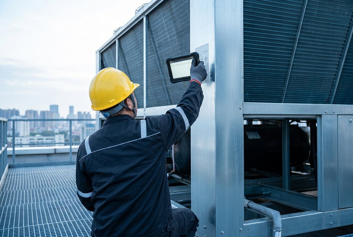Technician scanning an HVAC asset on a rooftop with a rugged tablet