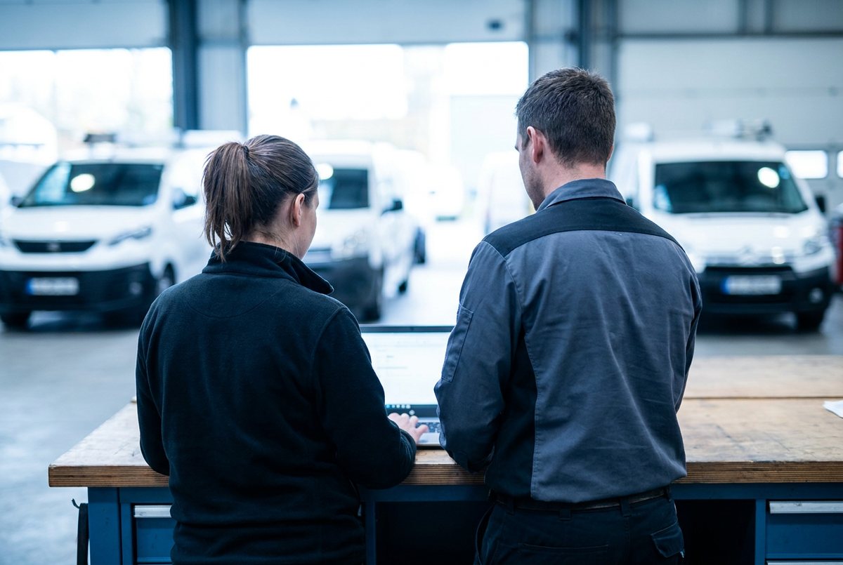 Dispatcher and technician testing a mobile work-order app at a depot