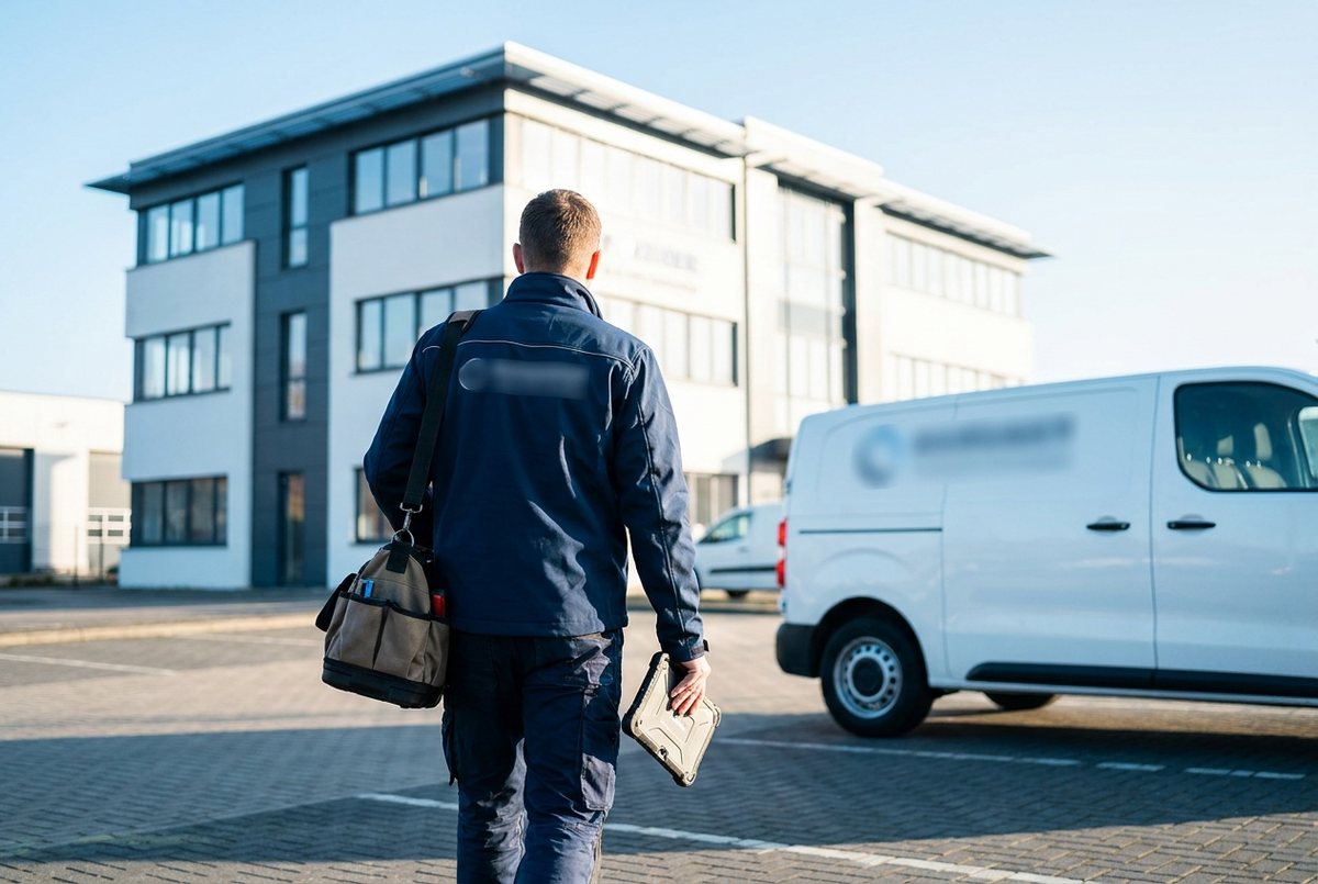Field technician at a service van on site, job underway